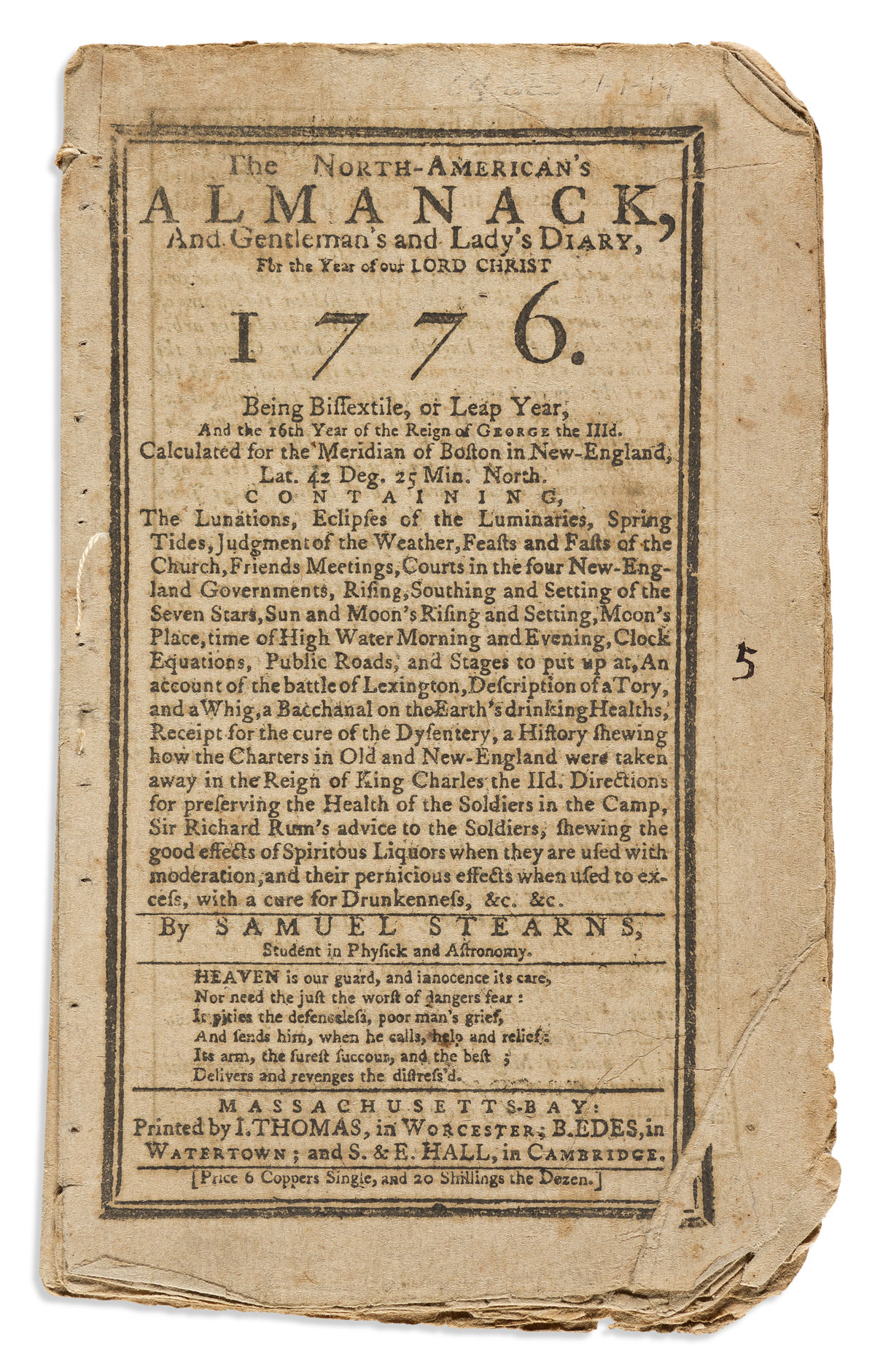 (AMERICAN REVOLUTION--1775.) Samuel Stearns. The North-Americans Almanack, and Gentlemans and Ladys Diary, for . . . 1776.
